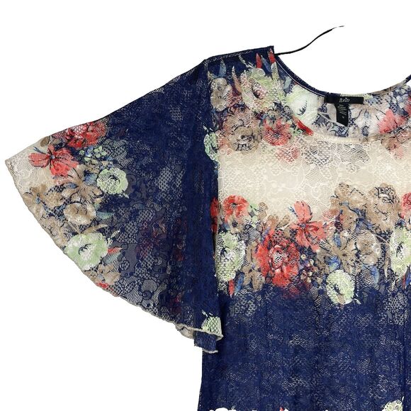 RAIN Lace Top Women's 1X Floral Kimono Sleeve Blouse Round Neck Ruffles Boho - Picture 6 of 8